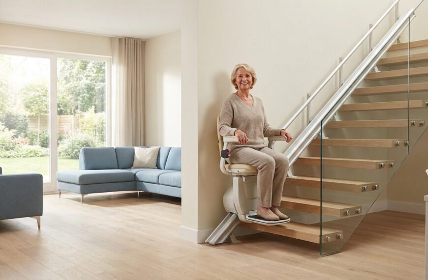 Femme âgée souriante sur un monte-escalier Stannah beige, au pied d'un escalier en bois et verre dans un salon lumineux.