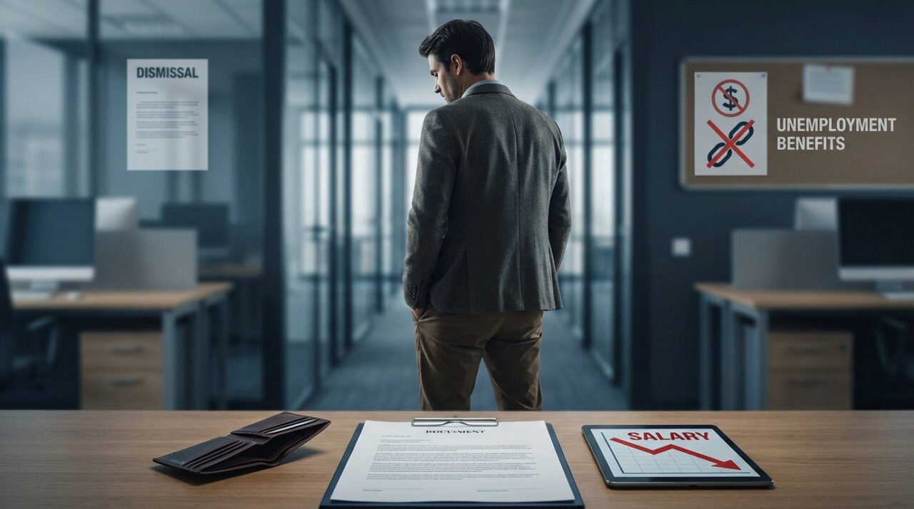 Un homme se tient dans un bureau, face à lui, avec des papiers de licenciement, un portefeuille vide et un tableau des salaires en baisse sur un bureau ; des panneaux indiquent "Licenciement" et "Indemnités de chômage".