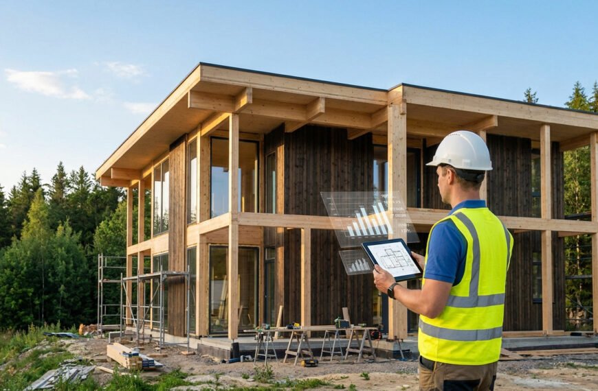 Un architecte avec un casque et un gilet de chantier consulte des plans numériques devant une maison en bois en construction.