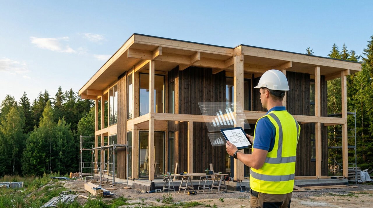 Un architecte avec un casque et un gilet de chantier consulte des plans numériques devant une maison en bois en construction.
