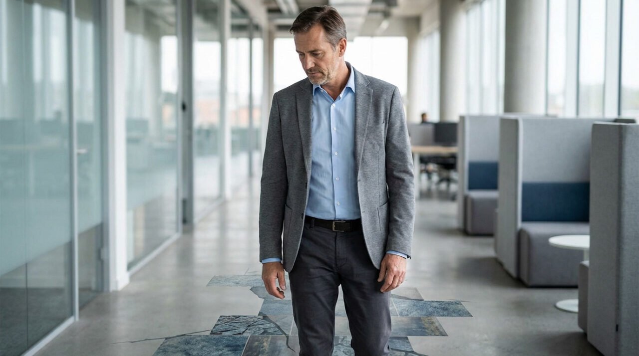 Un homme vêtu d'un blazer gris et d'une chemise bleue traverse un couloir de bureau moderne en regardant vers le bas avec une expression neutre.