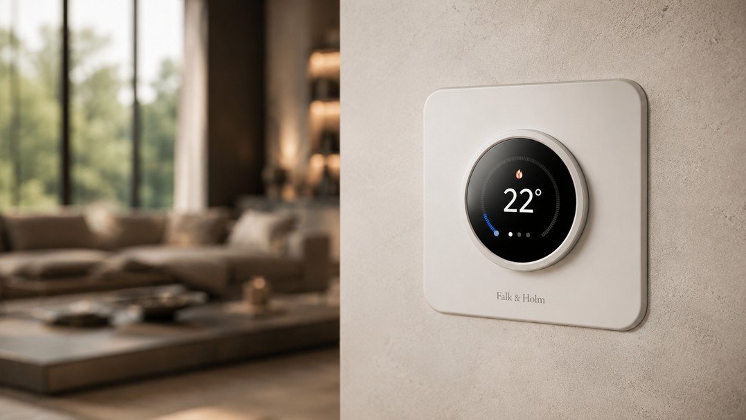 Un thermostat numérique moderne, réglé sur 22 °C, est fixé au mur, avec un salon flou visible en arrière-plan.