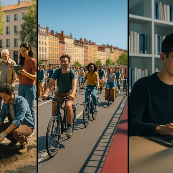 Collage montrant des personnes plantant un arbre, un groupe circulant à vélo dans une ville et un homme utilisant un ordinateur portable dans une bibliothèque ou une salle d'étude.