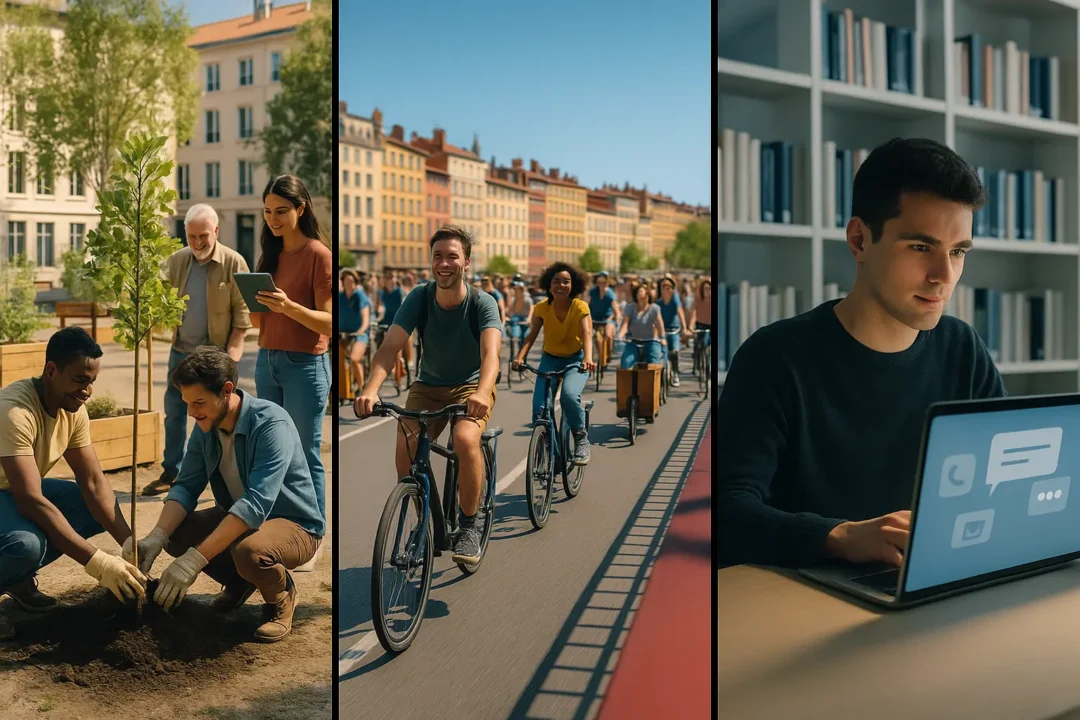 Collage montrant des personnes plantant un arbre, un groupe circulant à vélo dans une ville et un homme utilisant un ordinateur portable dans une bibliothèque ou une salle d'étude.