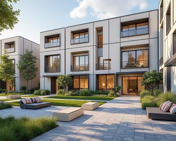 Des immeubles modernes avec de grandes fenêtres et des balcons, entourant une cour paysagée avec des bancs, de la verdure et des allées pavées, sous un ciel partiellement nuageux.
