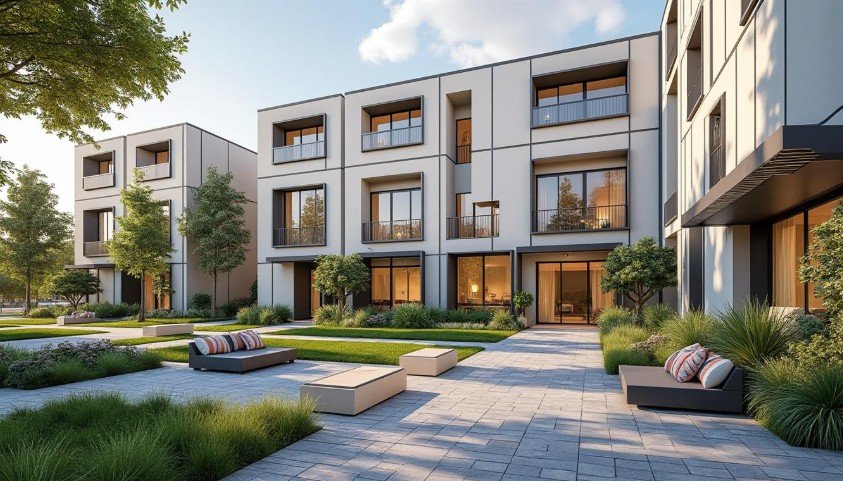 Des immeubles modernes avec de grandes fenêtres et des balcons, entourant une cour paysagée avec des bancs, de la verdure et des allées pavées, sous un ciel partiellement nuageux.
