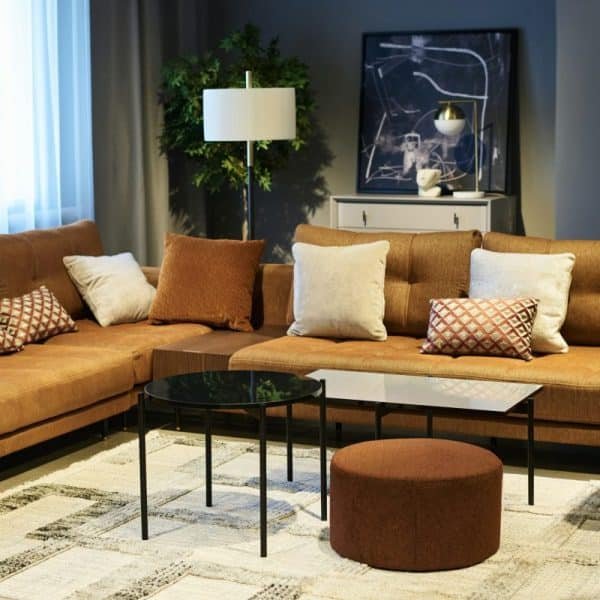 Coin de l'espace de coworking avec des canapés doux et confortables avec des coussins