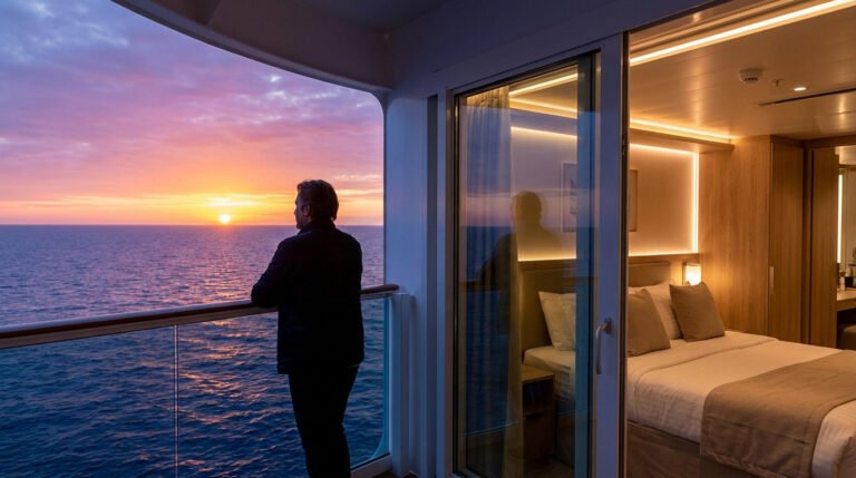 Un homme observe un magnifique coucher de soleil sur l'océan depuis le balcon d'une cabine de croisière moderne.