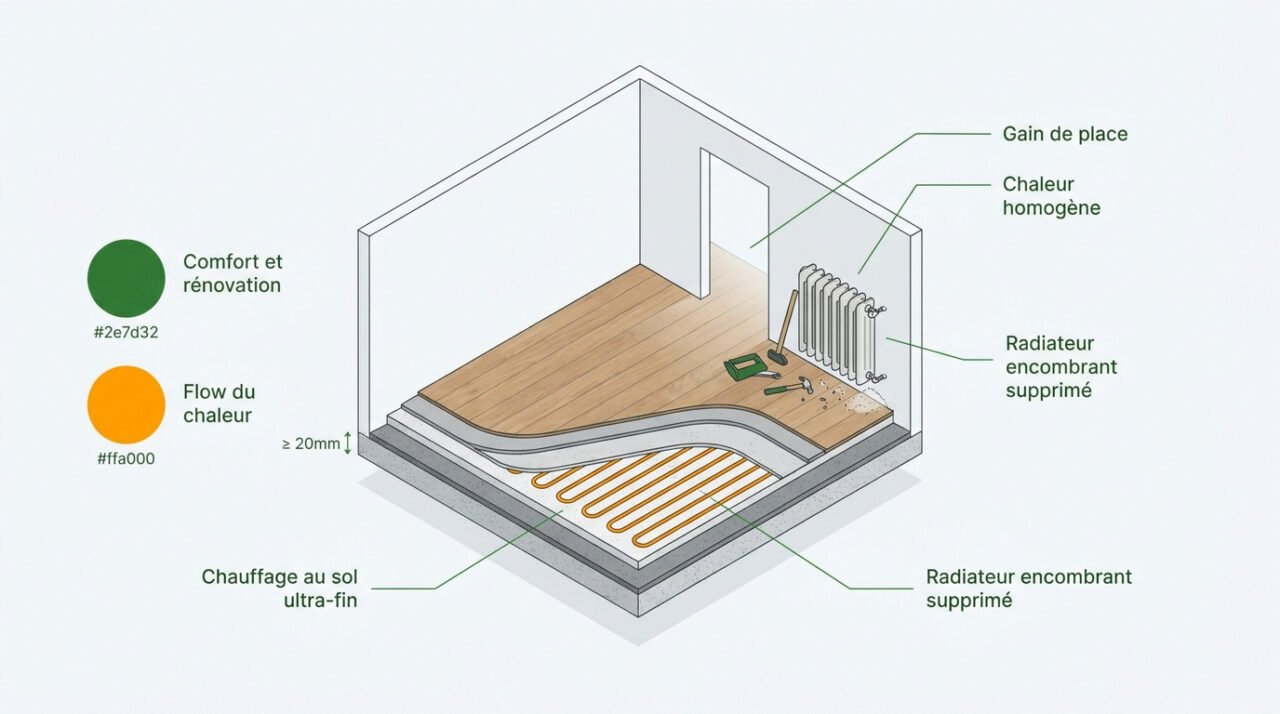 Coupe technique d'un système de chauffage au sol en rénovation avec isolant et tubes