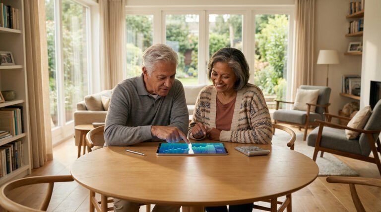 Couple senior consultent l'évolution des points AGIRC-ARRCO sur tablette, l'homme pointe un graphique, la femme sourit.