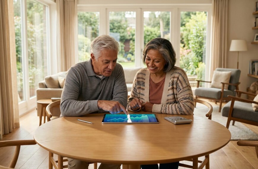 Couple senior consultent l'évolution des points AGIRC-ARRCO sur tablette, l'homme pointe un graphique, la femme sourit.