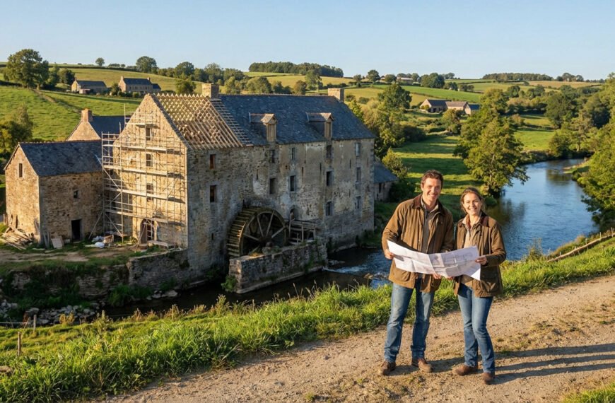Donna et Paul souriants, tenant des plans devant un ancien moulin en pierre en rénovation, au bord d'une rivière.