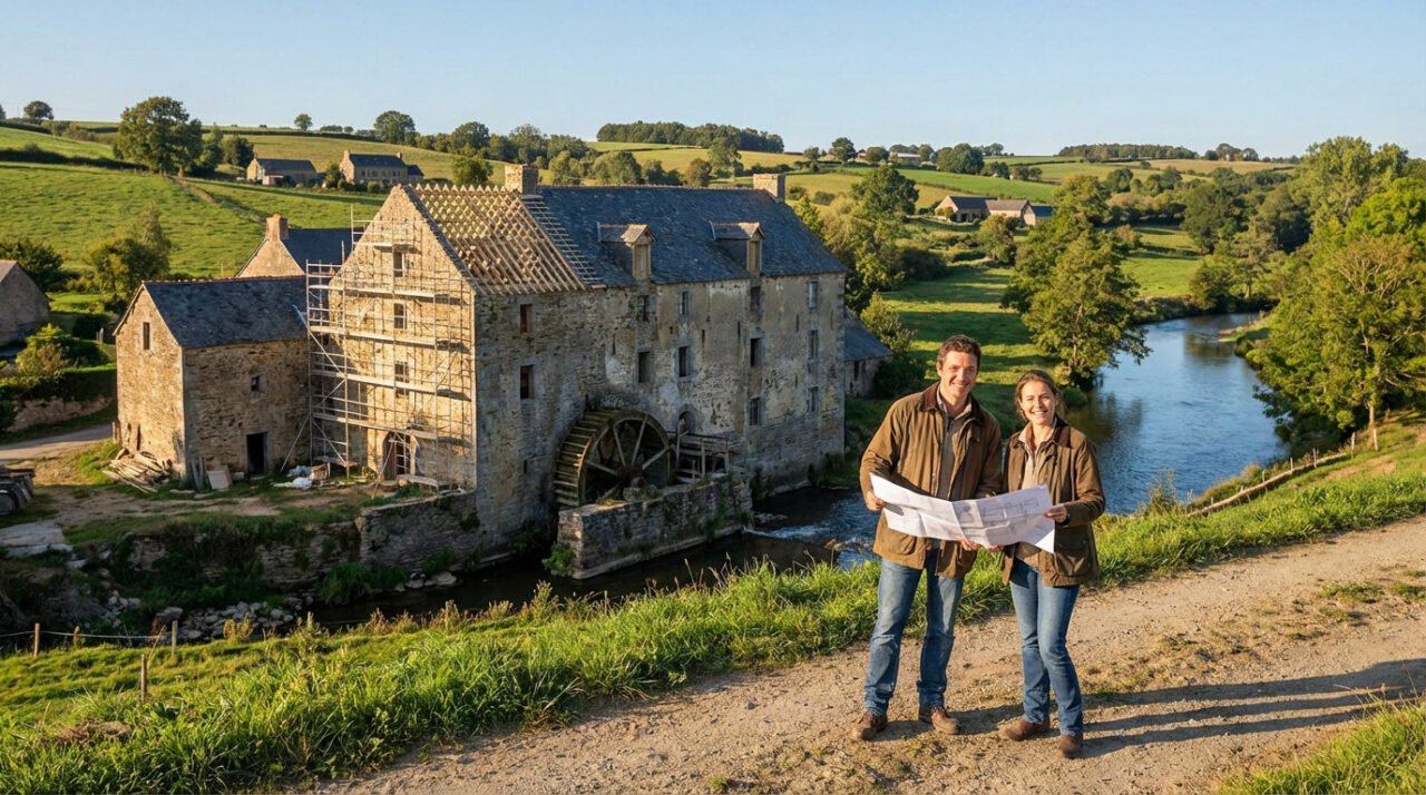 Donna et Paul souriants, tenant des plans devant un ancien moulin en pierre en rénovation, au bord d'une rivière.
