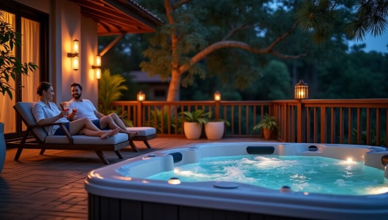 Un homme et une femme se détendent sur des chaises longues à côté d'un jacuzzi extérieur à bulles sur une terrasse en bois au crépuscule, avec des arbres et des lanternes en arrière-plan.