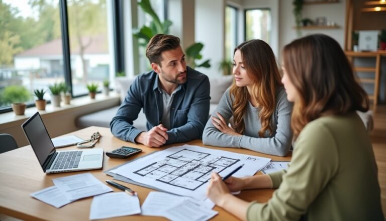 Trois personnes sont assises à une table et discutent de plans d'architecture, avec des documents, un ordinateur portable et une calculatrice dans un bureau moderne et lumineux.