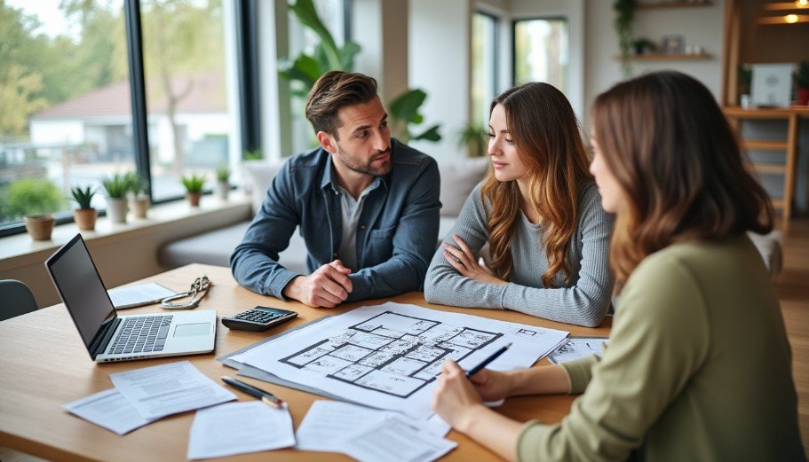 Trois personnes sont assises à une table et discutent de plans d'architecture, avec des documents, un ordinateur portable et une calculatrice dans un bureau moderne et lumineux.