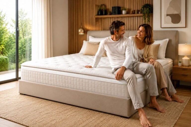 Un homme et une femme sont assis au bord d'un lit soigneusement fait, dans une chambre moderne à l'éclairage tamisé, agrémentée de touches de bois et dotée de grandes fenêtres donnant sur la verdure.