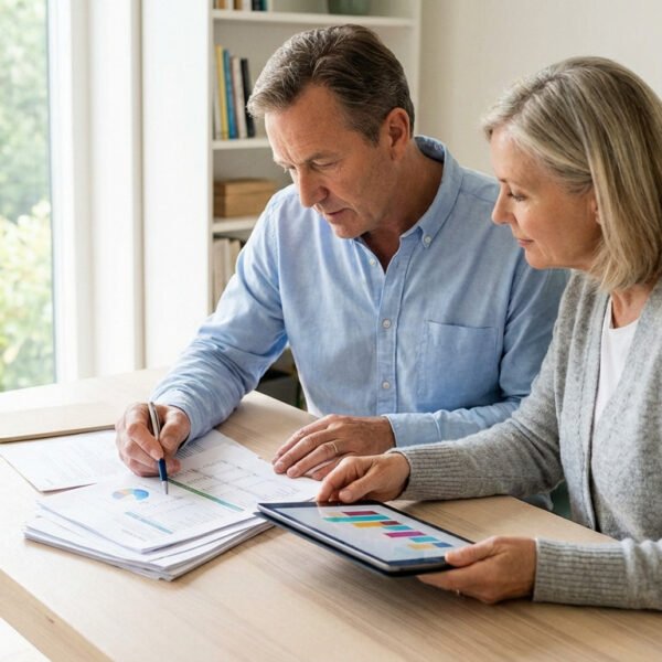 Deux personnes âgées sont assises à un bureau et examinent des documents financiers et des graphiques, avec des papiers et une tablette devant elles, dans un bureau à domicile bien éclairé.