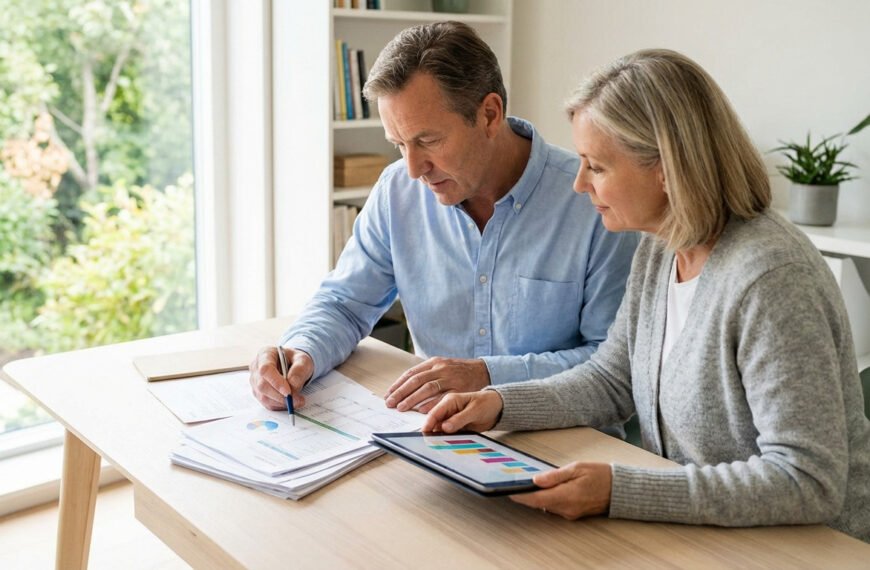 Deux personnes âgées sont assises à un bureau et examinent des documents financiers et des graphiques, avec des papiers et une tablette devant elles, dans un bureau à domicile bien éclairé.