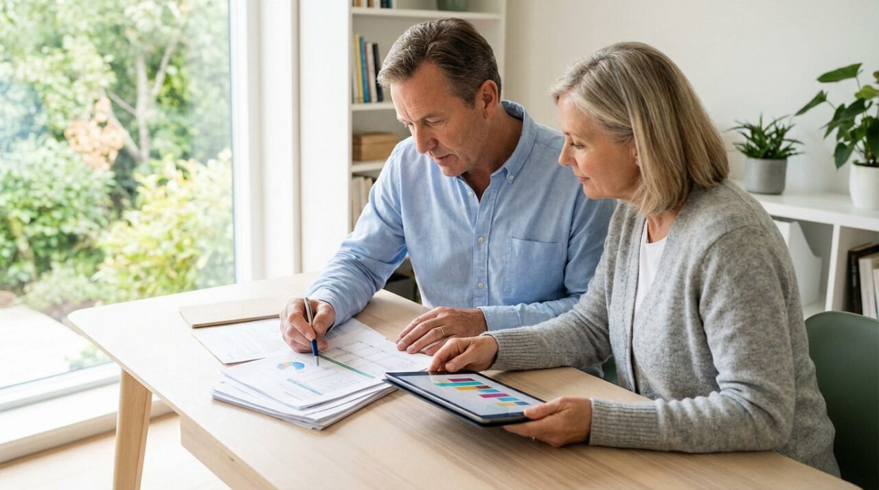 Deux personnes âgées sont assises à un bureau et examinent des documents financiers et des graphiques, avec des papiers et une tablette devant elles, dans un bureau à domicile bien éclairé.
