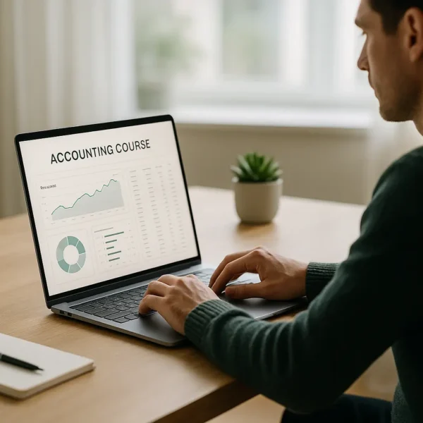 Une personne est assise à un bureau en bois et utilise un ordinateur portable qui affiche un cours de comptabilité avec des tableaux et des graphiques ; un cahier, un stylo, une tasse et une plante en pot se trouvent également sur le bureau.