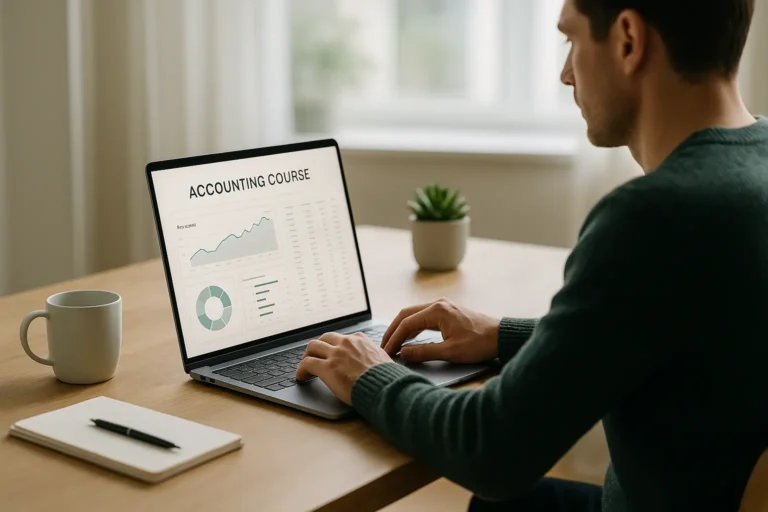 Une personne est assise à un bureau en bois et utilise un ordinateur portable qui affiche un cours de comptabilité avec des tableaux et des graphiques ; un cahier, un stylo, une tasse et une plante en pot se trouvent également sur le bureau.