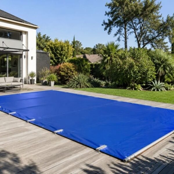 Une arrière-cour avec une maison moderne, un coin salon extérieur et une terrasse en bois avec une piscine rectangulaire recouverte d'une bâche bleue. La zone est entourée d'une végétation luxuriante.