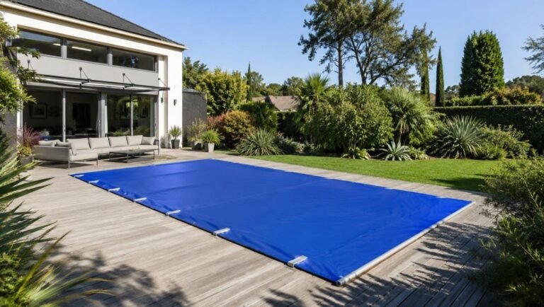 Une arrière-cour avec une maison moderne, un coin salon extérieur et une terrasse en bois avec une piscine rectangulaire recouverte d'une bâche bleue. La zone est entourée d'une végétation luxuriante.