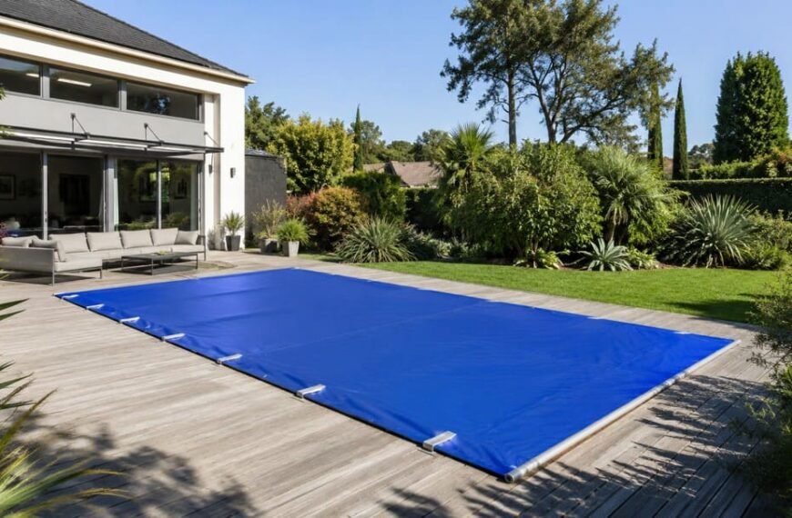 Une arrière-cour avec une maison moderne, un coin salon extérieur et une terrasse en bois avec une piscine rectangulaire recouverte d'une bâche bleue. La zone est entourée d'une végétation luxuriante.