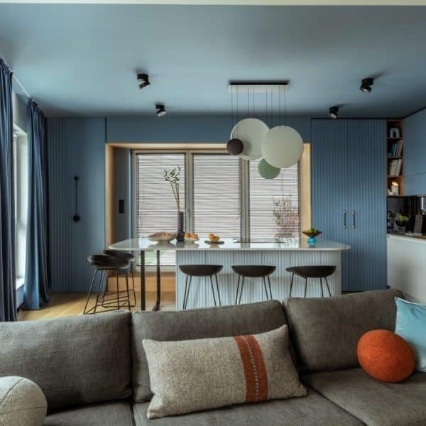 Creative composition of kitchen and living room interior + personal accessories. Home decor Template