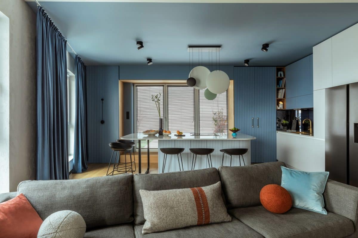 Creative composition of kitchen and living room interior + personal accessories. Home decor Template