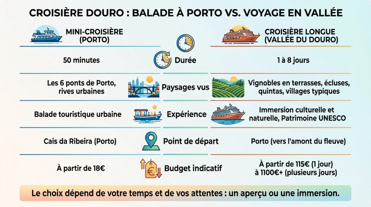 Comparaison visuelle entre la croisière urbaine des six ponts à Porto et la navigation dans les vignobles de la vallée du Douro