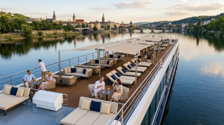 Pont supérieur d'un bateau de croisière fluviale avec passagers, salons, transats, et ville historique en arrière-plan.