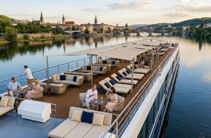 Pont supérieur d'un bateau de croisière fluviale avec passagers, salons, transats, et ville historique en arrière-plan.