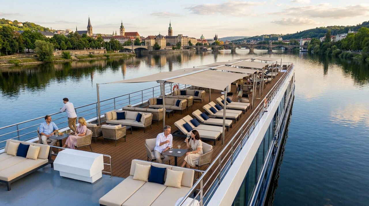 Pont supérieur d'un bateau de croisière fluviale avec passagers, salons, transats, et ville historique en arrière-plan.