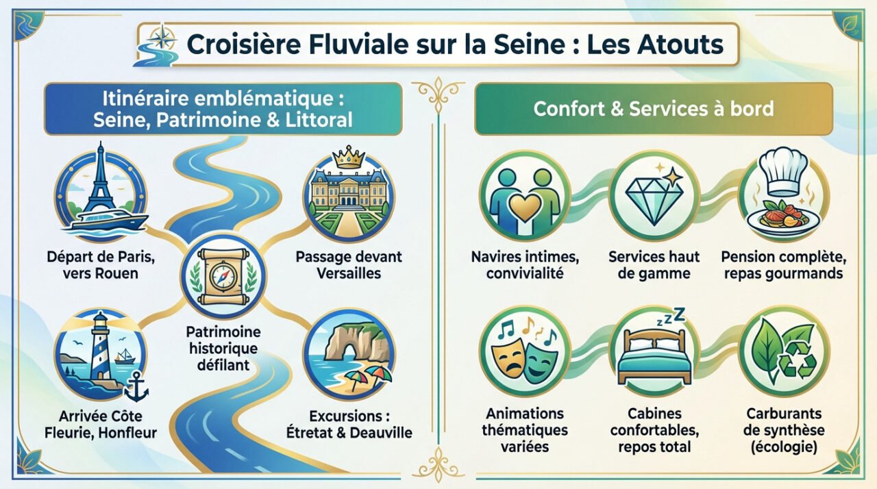 Panorama d'une croisière fluviale sur la Seine avec vue sur les monuments