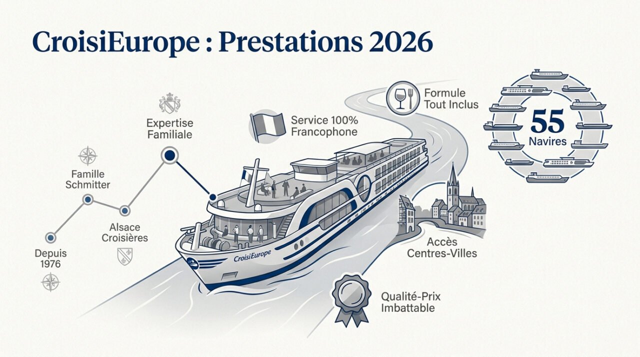 Infographie présentant les prestations et les atouts de CroisiEurope en 2026