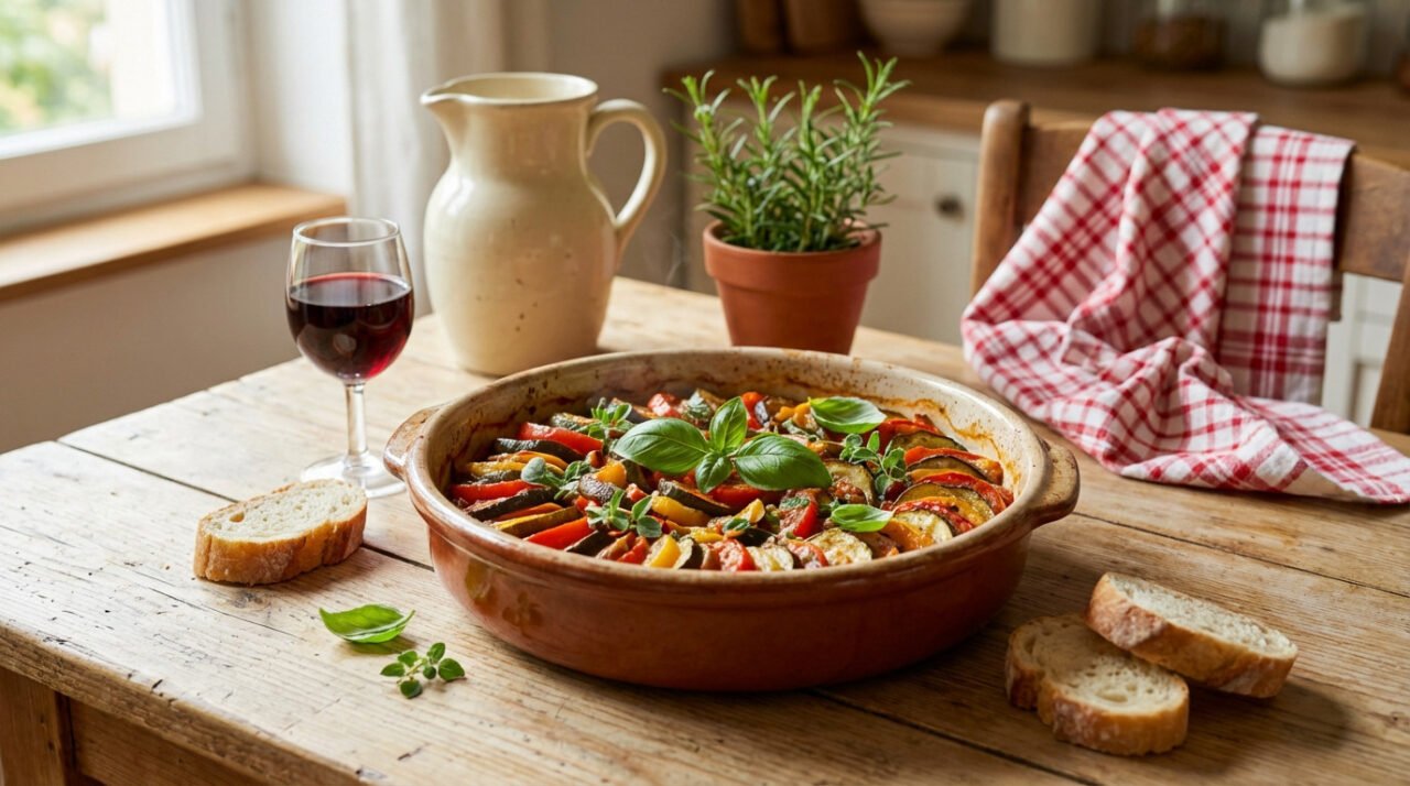 Un plat de légumes cuits au four dans un pot en terre cuite est posé sur une table en bois avec un verre de vin rouge, des tranches de pain, une herbe en pot et une serviette à carreaux rouges dans une cuisine.
