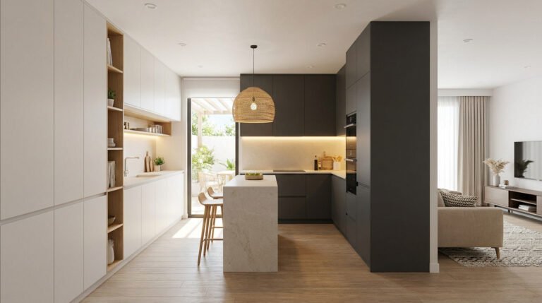 Cuisine moderne bicolore avec îlot central, étagères en bois et éclairage LED dans un intérieur lumineux.