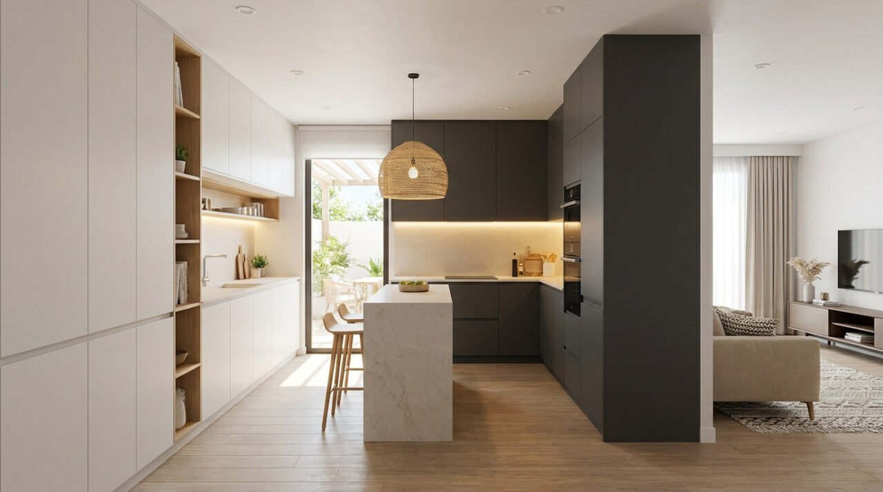 Cuisine moderne bicolore avec îlot central, étagères en bois et éclairage LED dans un intérieur lumineux.