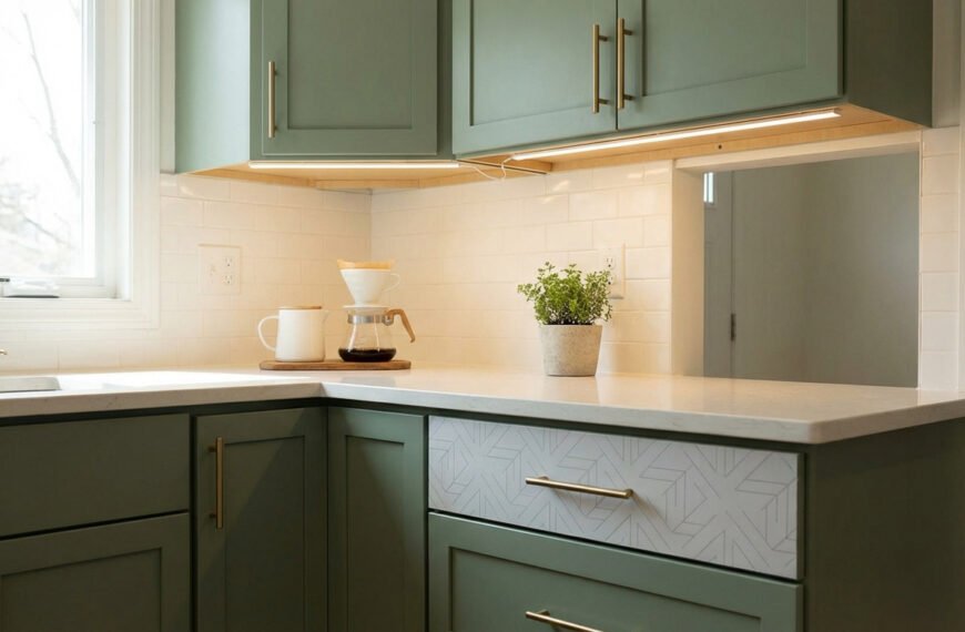Cuisine moderne avec armoires vert sauge, plan de travail clair, carrelage blanc et poignées dorées. Une cafetière et une plante sont sur le comptoir.