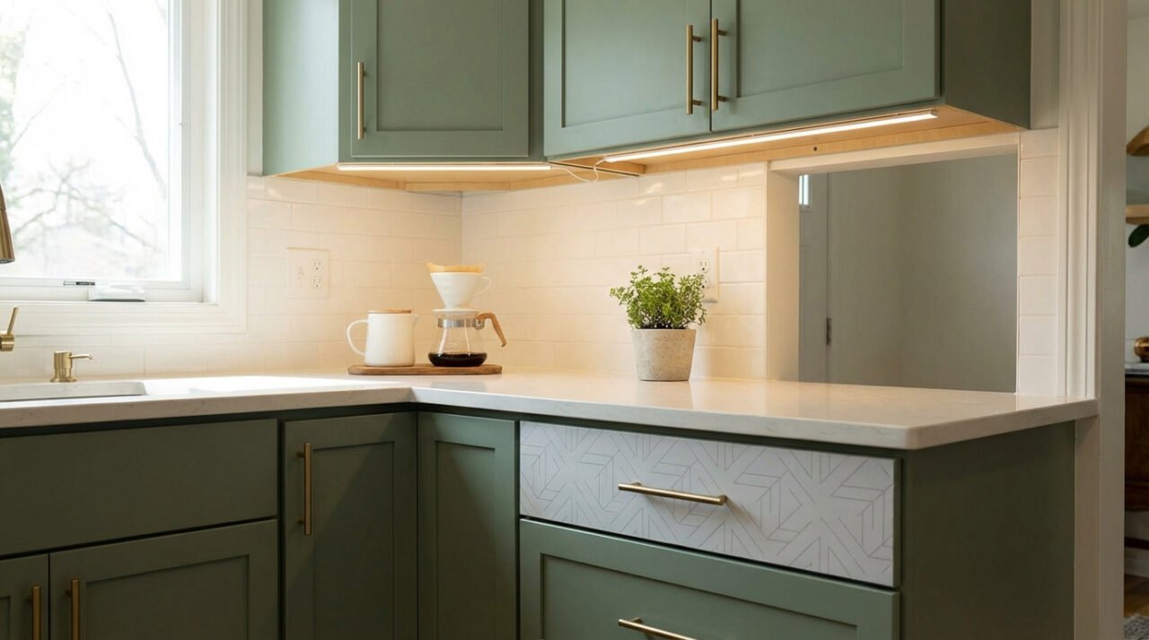 Cuisine moderne avec armoires vert sauge, plan de travail clair, carrelage blanc et poignées dorées. Une cafetière et une plante sont sur le comptoir.