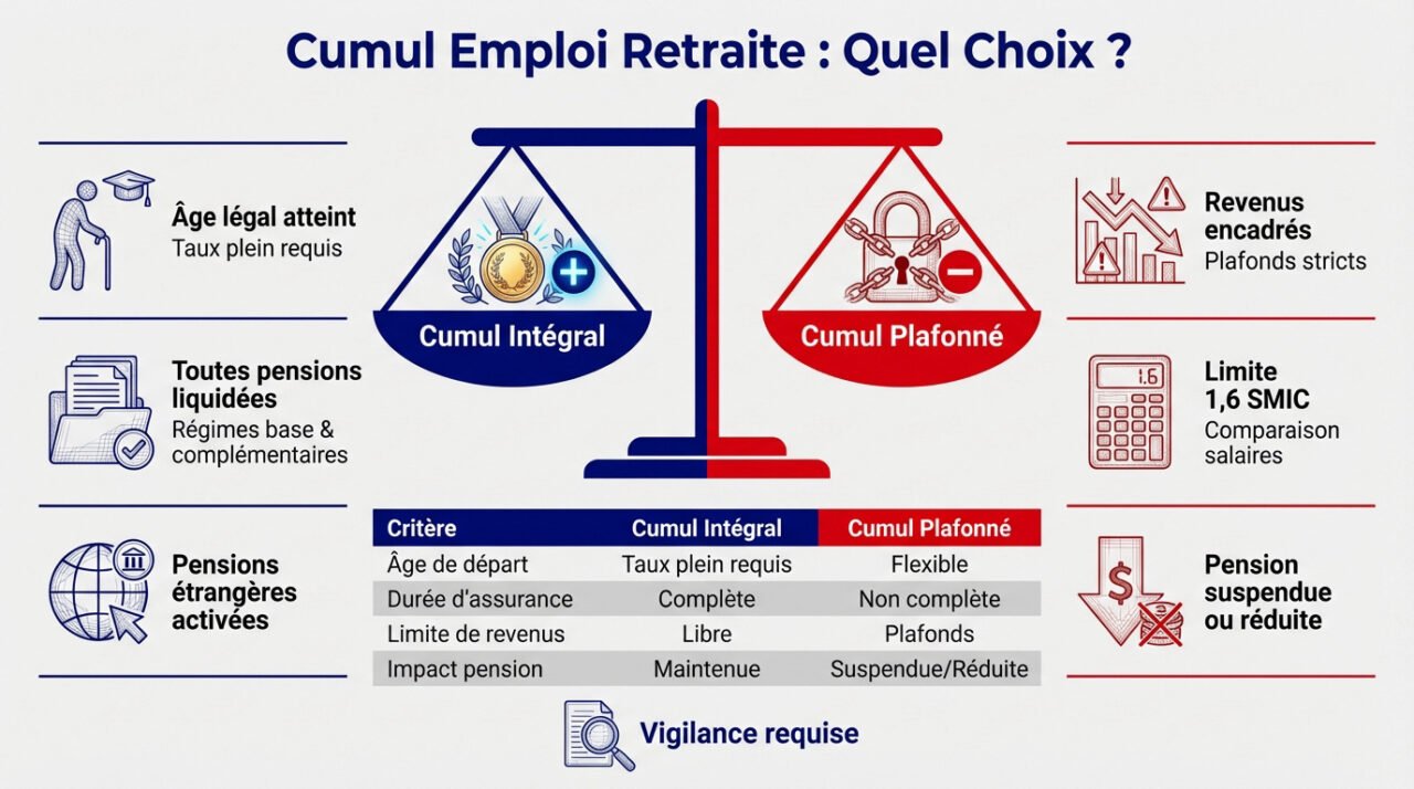 Comparaison entre le cumul emploi retraite intégral et plafonné pour les retraités