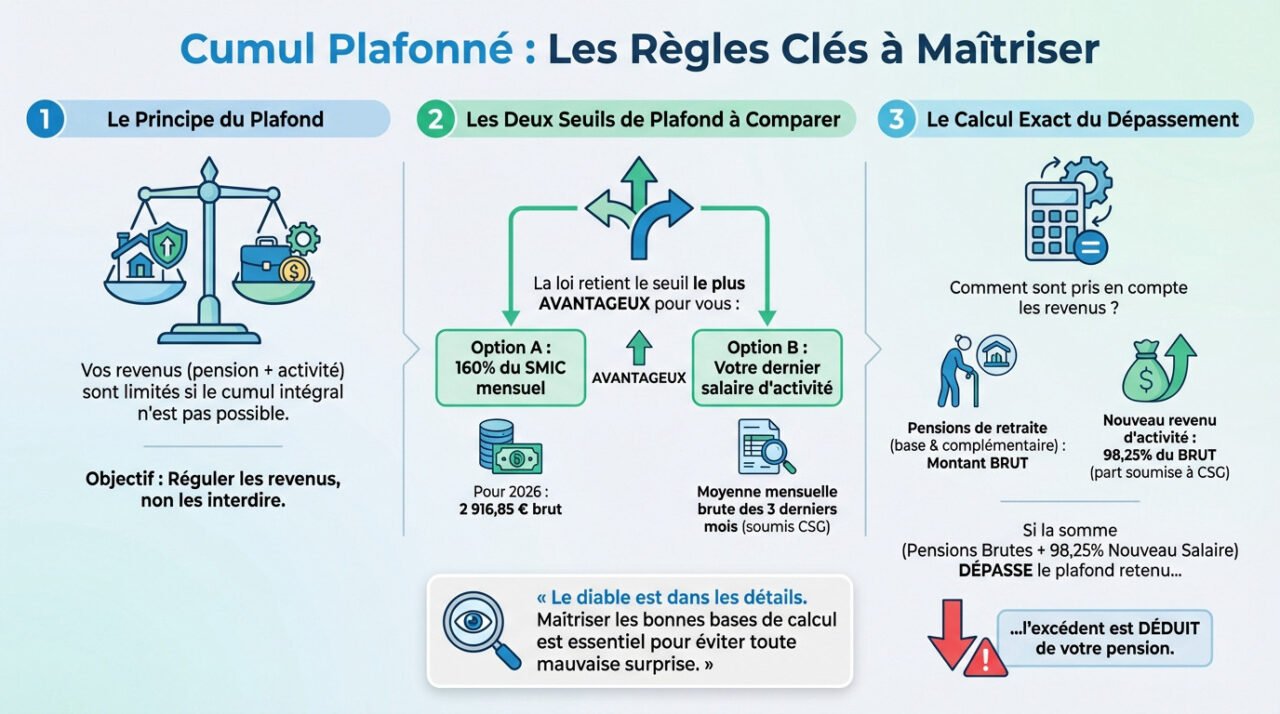 Infographie expliquant les règles clés du cumul emploi-retraite plafonné et les seuils à respecter