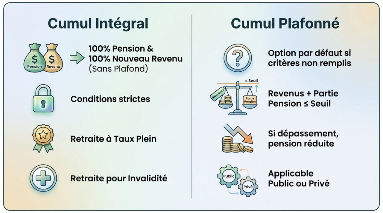 Schéma illustrant la différence entre le cumul emploi retraite intégral et le cumul plafonné dans la fonction publique