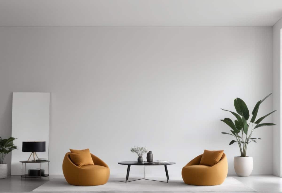 Salon minimaliste avec deux chaises jaunes, une table basse ronde avec des plantes, un grand miroir et des plantes en pot contre un mur blanc uni.
