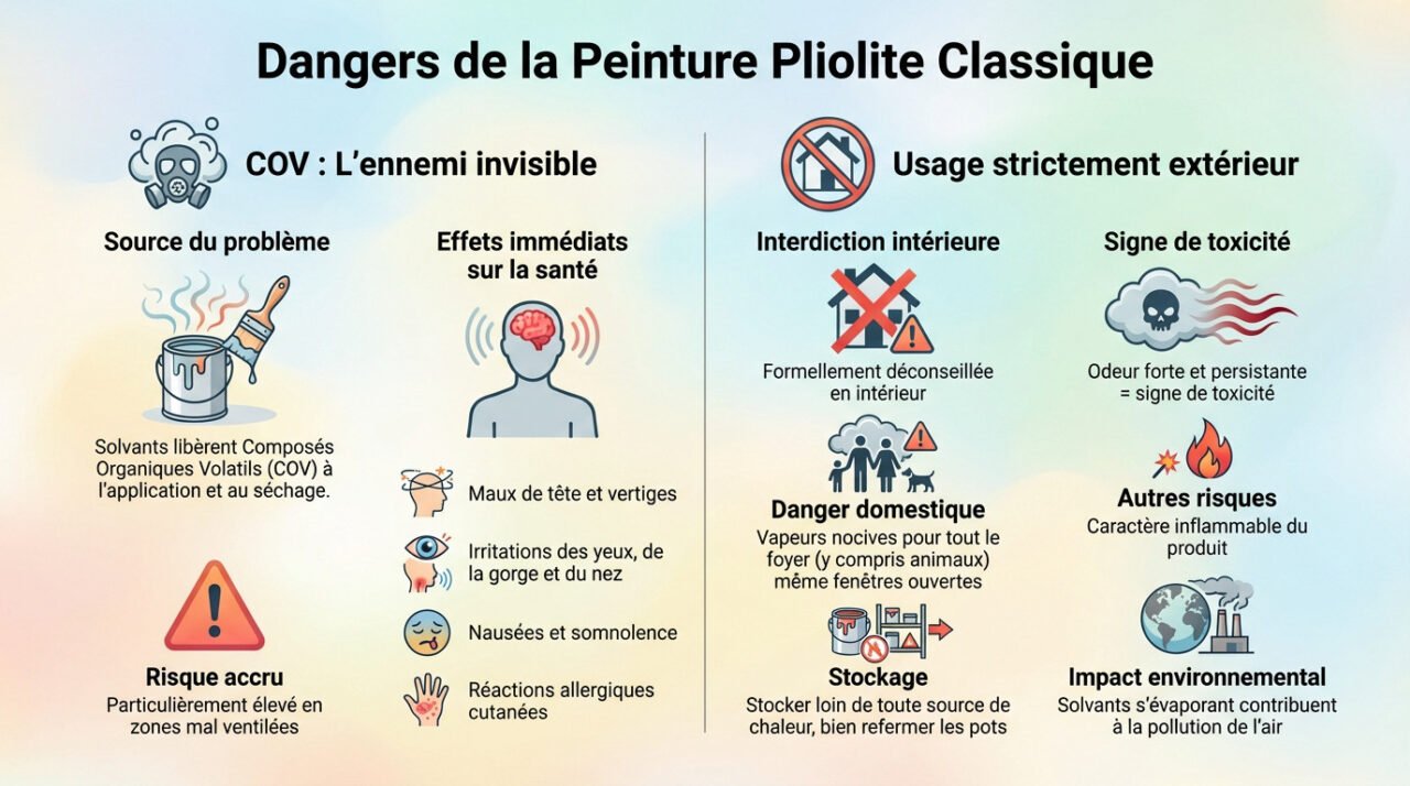 Homme portant un masque de protection appliquant de la peinture pliolite sur une façade extérieure