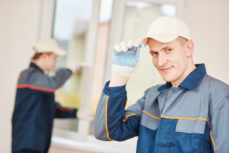 Deux ouvriers en uniforme et casquette installent ou inspectent une fenêtre à l'intérieur. L'un d'eux fait face à la caméra et ajuste sa casquette, tandis que l'autre travaille sur la fenêtre à l'arrière-plan.