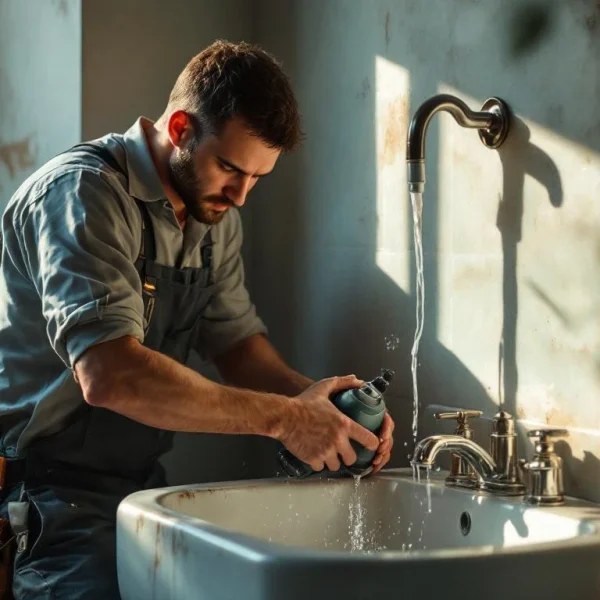 Un plombier en tenue de travail répare une pièce sous l'eau courante d'un évier de salle de bain, avec des outils visibles à sa ceinture.