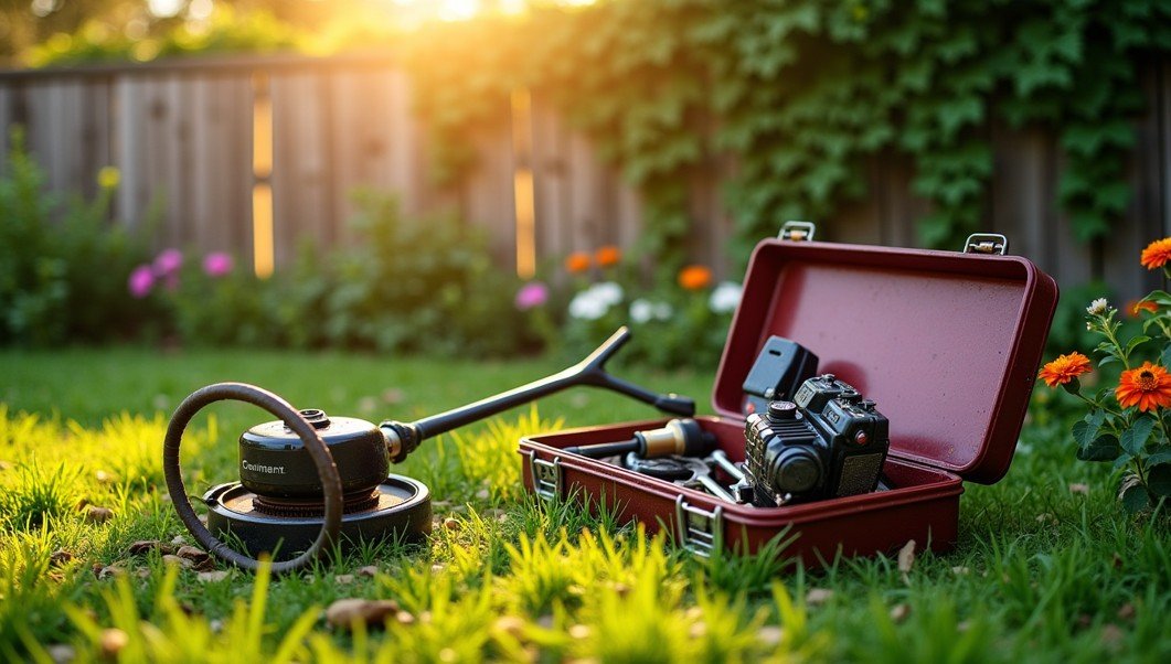 Une boîte à outils rouge et divers outils de jardinage sont posés sur l'herbe dans une arrière-cour ensoleillée, avec des fleurs et une clôture en bois en arrière-plan.